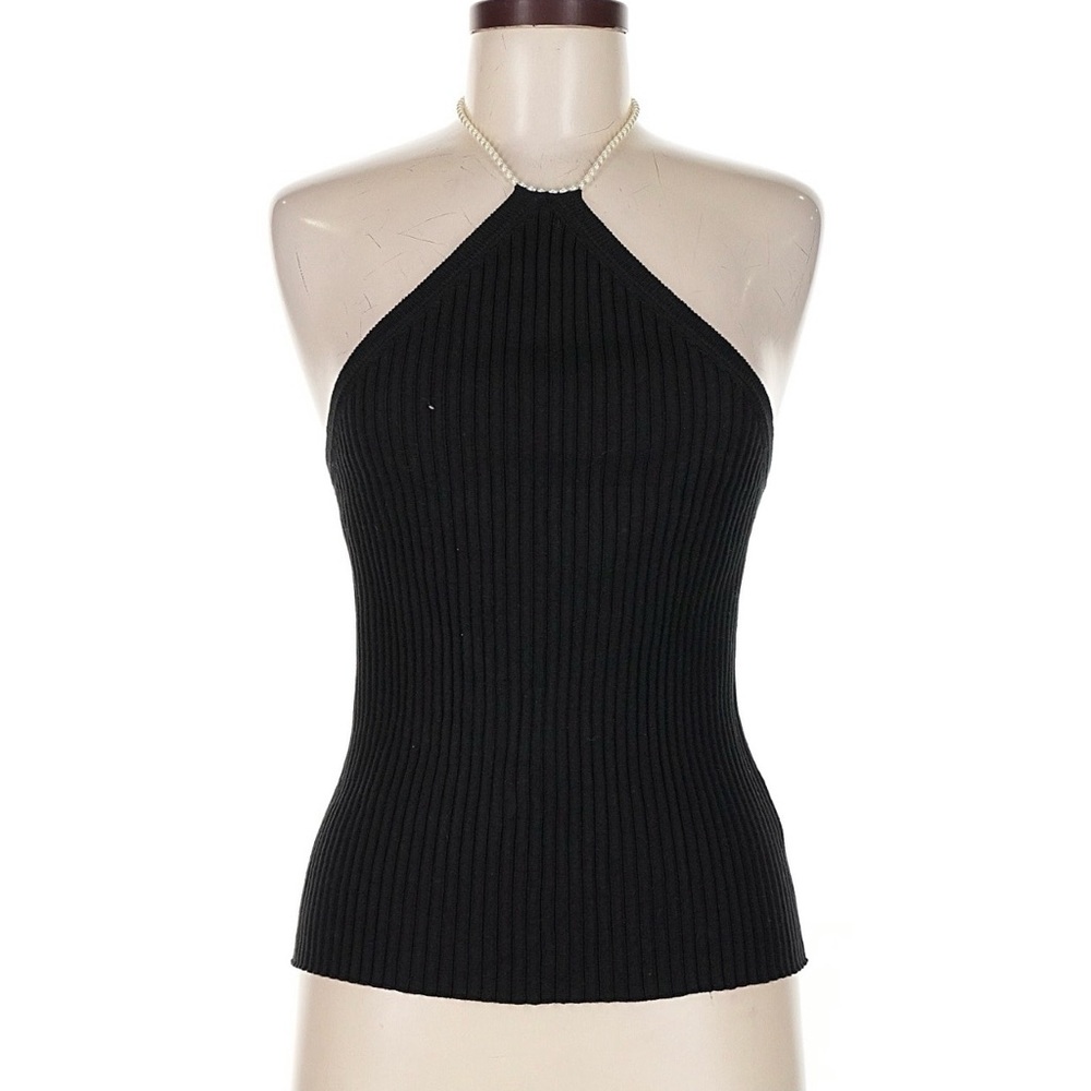 Line & Dot Black Ribbed Halter Tank with Beaded Neckline